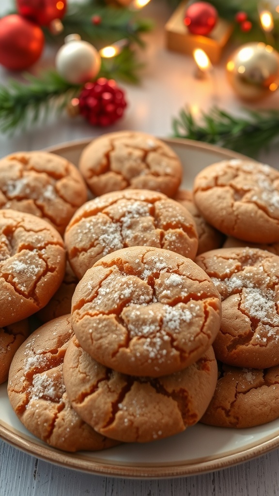 A plate of spiced ginger cookies dusted with sugar, surrounded by holiday decorations.